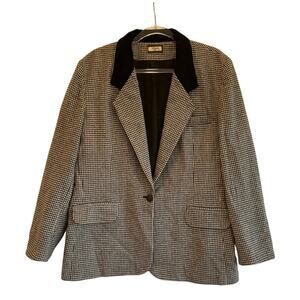 Houndstooth Blazer Wool Blend Black Velvet Collar Vintage Academia Style USA 16